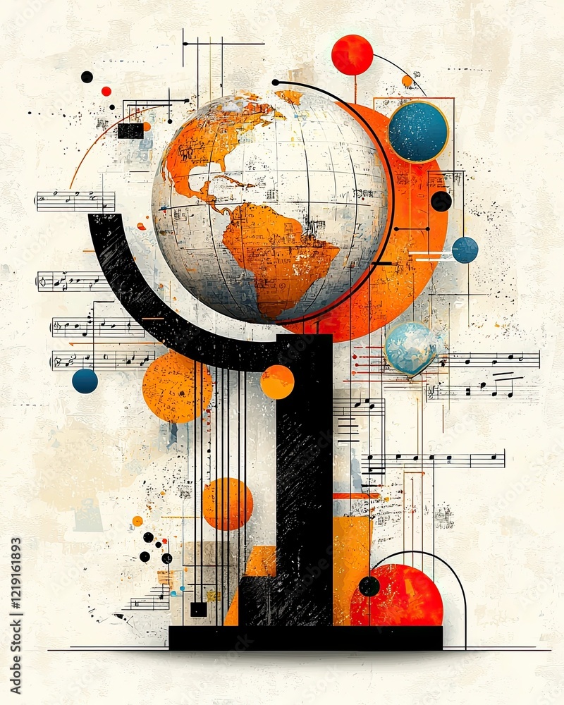 Poster abstract globe icon illustrating global connectivity with colorful circles and geometric designs in 