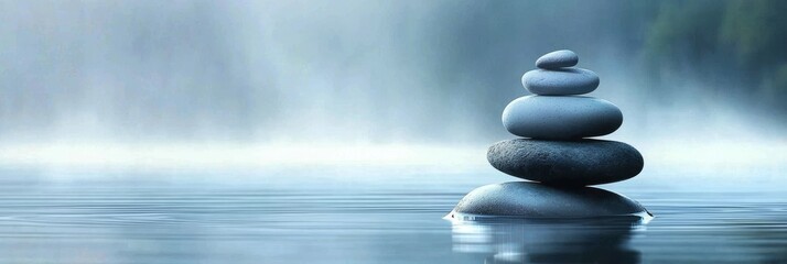 Fototapeta premium A serene scene showcasing stones in perfect equilibrium on water.