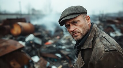 A rugged man in a flat cap stands in a chaotic industrial wasteland, evoking feelings of resilience and determination against the backdrop of environmental decline.