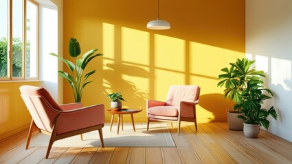Sunny living room, warm yellow walls, large windows, sunlight streaming in, mid-century modern furniture, pink armchairs, wooden coffee table, potted plants, indoor greenery, cozy interior design, ret