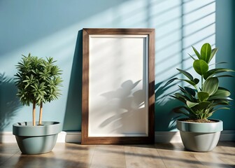 Modern Minimalist Interior with Blank Framed Artwork and Lush Greenery Realistic 3D Render.