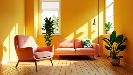 Sunny living room, warm yellow walls, large windows, sunlight streaming in, mid-century modern furniture, pink armchairs, wooden coffee table, potted plants, indoor greenery, cozy interior design, ret