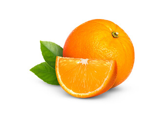 Fresh juicy oranges and green leaves isolated on white. Citrus fruit