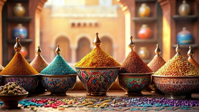 Vibrant spices displayed in traditional bowls at a market in Morocco, highlighting local culture and culinary heritage