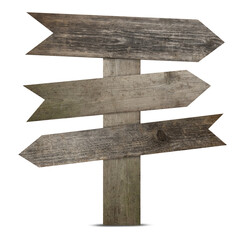 Wooden signpost with arrow-shaped pointers isolated on white