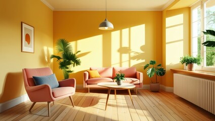 Fototapeta premium Bright yellow living room, orange walls, pink armchairs, modern minimalist furniture, large windows, wooden floor, potted plants, sunlight streaming in, cozy interior design, vibrant color palette, re