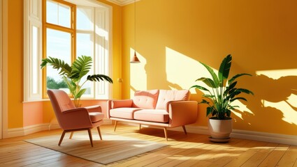 Bright yellow living room, orange walls, pink armchairs, modern minimalist furniture, large windows, wooden floor, potted plants, sunlight streaming in, cozy interior design, vibrant color palette, re