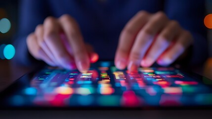 Fototapeta premium Professional using a digital tablet with glowing analytics on a professional background