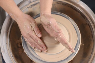 Hobby and craft. Woman making pottery indoors, closeup