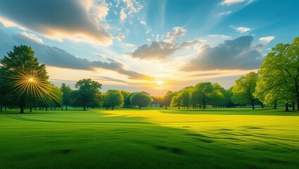 Serene park landscape, golden sunset, lush green grass, tall trees silhouette, dramatic sky, sun rays, peaceful meadow, vibrant colors, wide-angle view, photorealistic, high-definition, tranquil atmos