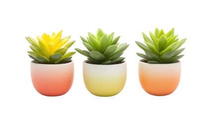 Three small succulents thriving in a decorative white and yellow pot three