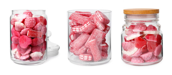Candies in glass jars isolated on white, set