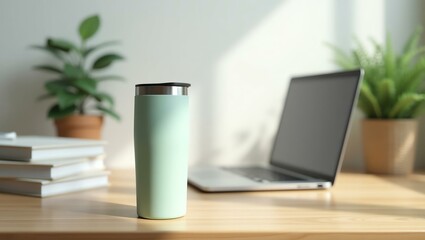 Fototapeta premium mint green color stainless steel tumbler sits prominently on a wooden office desk, its sleek, modern design with a flawless, print-free surface catching the light