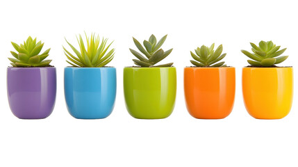 Four colorful pots overflowing with lush, vibrant succulents in full bloom four