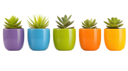 Four colorful pots overflowing with lush, vibrant succulents in full bloom four