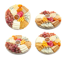 Different types of cut cheese and other snacks isolated on white, collage