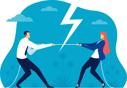 Businessman and businesswoman engaged in a tug of war competition, pulling a rope while a lightning bolt symbolizes the intense conflict and rivalry often found in the business world