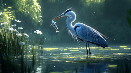 Fototapeta premium A heron catching a fish in crystal clear waters surrounded by reeds