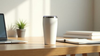 crystal clear color stainless steel tumbler sits prominently on a wooden office desk, its sleek, modern design with a flawless, print-free surface catching the light