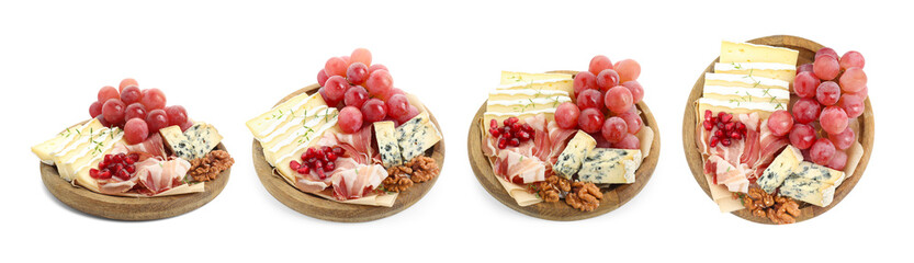Different types of cut cheese and other snacks isolated on white, collage