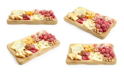 Different types of cut cheese and other snacks isolated on white, collage