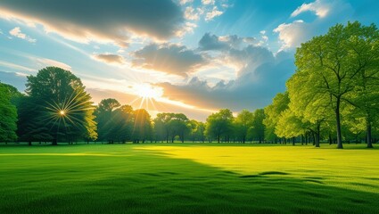 Serene park landscape, golden sunset, lush green grass, tall trees silhouette, dramatic sky, sun rays, peaceful meadow, vibrant colors, wide-angle view, photorealistic, high-definition, tranquil atmos