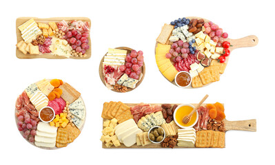 Different types of cut cheese and other snacks isolated on white, collage. Top view