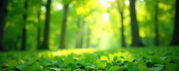 Soft green forest bokeh, sunlit leaves blurred, graphic, peaceful, leaves