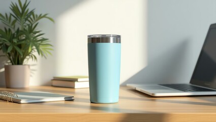 aqua blue color stainless steel tumbler sits prominently on a wooden office desk, its sleek, modern design with a flawless, print-free surface catching the light