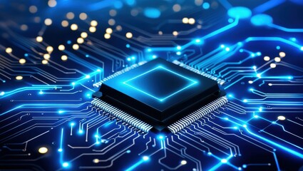 microchip, central processing unit, circuit board, neon blue glow, advanced technology, futuristic, digital, electronic components, high-tech, computer hardware, close-up, intricate details, cyberpunk
