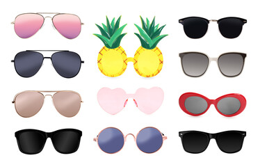 Different stylish sunglasses isolated on white. Fashionable accessory