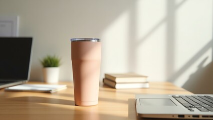 soft peach color stainless steel tumbler sits prominently on a wooden office desk, its sleek, modern design with a flawless, print-free surface catching the light