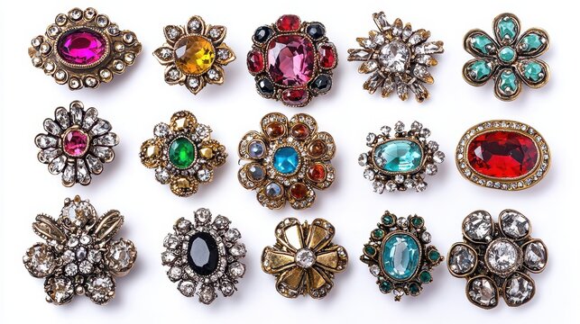 A collection of vintage brooches with intricate gemstone details on a white isolated background