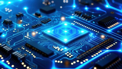 Obraz premium microchip, central processing unit, circuit board, neon blue glow, advanced technology, futuristic, digital, electronic components, high-tech, computer hardware, close-up, intricate details, cyberpunk