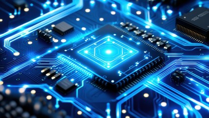 Fototapeta premium microchip, central processing unit, circuit board, neon blue glow, advanced technology, futuristic, digital, electronic components, high-tech, computer hardware, close-up, intricate details, cyberpunk
