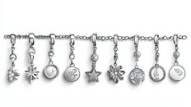 A set of silver charm bracelets with various symbols on a white isolated background