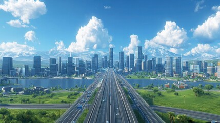 Fototapeta premium Panoramic View of a Modern City Skyline Game with Lush Greenery and Clear Blue Skies, Showcasing Skyscrapers, Roads, and Water Features Beneath Majestic Mountain Peaks