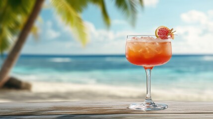 An enticing tropical cocktail with refreshing flavors sits elegantly on a wooden table, inviting relaxation against a backdrop of sun-kissed beach & ocean.