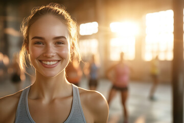 A young woman with a bright smile in a gym during sunset, with people exercising in the background.