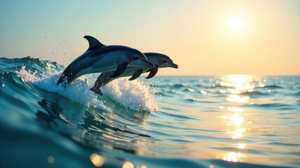Two dolphins leap joyfully over a wave at sunset, ocean water sparkling with golden light