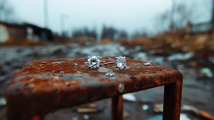 Beautiful rings glimmering on a weathered, rusty surface highlight the contrast between luxury and decay, evoking a sense of timeless beauty in a gritty environment.