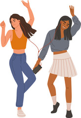 Fototapeta premium Two diverse female friends wearing earphones and joyfully dancing while listening to music from a smartphone, celebrating friendship and enjoying their time together