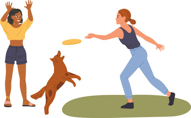 Two young women and a brown dog are having fun in the park playing with a frisbee. The dog is jumping to catch the frisbee and one of the women is throwing it while the other one is raising her hands