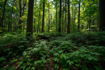 Obraz premium Sunlit dense forest with ferns and shrubs