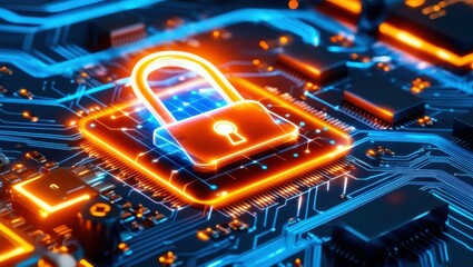 A digital cloud icon with a lock symbol at its center, floating at the forefront of a futuristic circuit board design. The cloud is vibrant and luminous, emitting a neon glow in shades of orange, crea