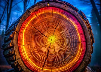 Night Photography: Cross Section Tree Trunk Rings, Illuminated Wood Texture