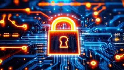 A digital cloud icon with a lock symbol at its center, floating at the forefront of a futuristic circuit board design. The cloud is vibrant and luminous, emitting a neon glow in shades of orange, crea