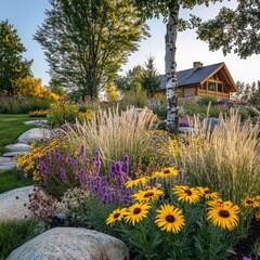 Vibrant garden blooms surround rustic cabin at sunset