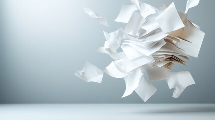 An abstract representation of floating papers creates a dynamic visual, suggesting motion and the chaos of ideas in an artistic and intriguing composition.