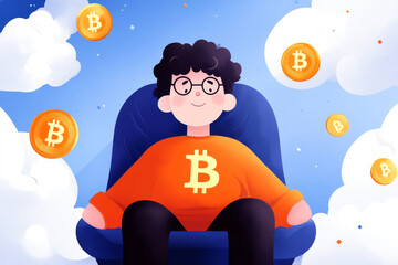 Young character sitting in a chair with Bitcoin symbols floating around in a bright, cloud-filled background
